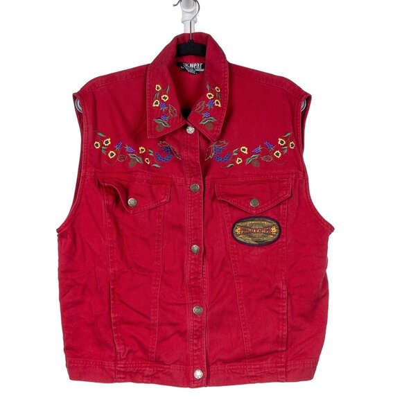 SK Wear Jackets & Blazers - Boho Jean Vest VTG L Denim Red Buttons Embroidered Floral Grapes Indie Festival